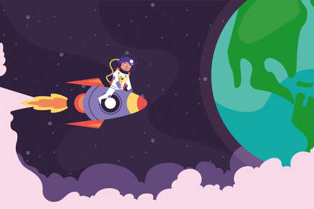 earth planet and astronaut in rocketのイラスト素材