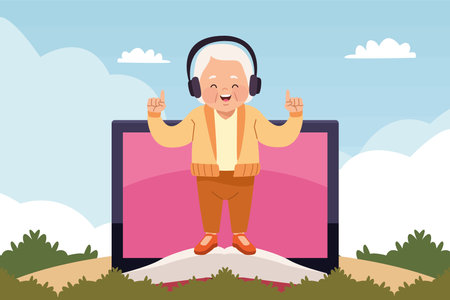 grandmother studying with tabletのイラスト素材