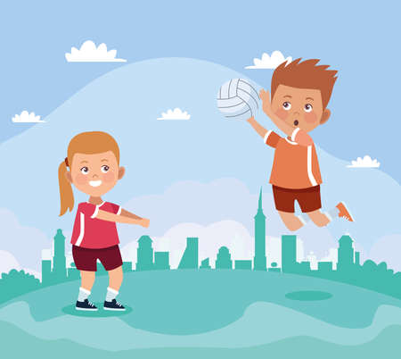 kids couple practicing volleyballのイラスト素材