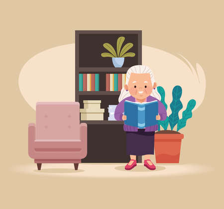 grandmother studding in living roomのイラスト素材