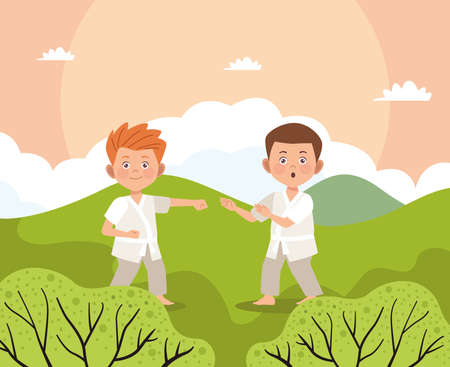 boys couple practicing karate outdoorのイラスト素材