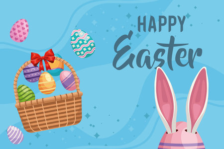 happy easter lettering with eggs basket