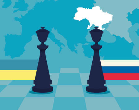 Ukraine and russia war flags and chess piecesのイラスト素材