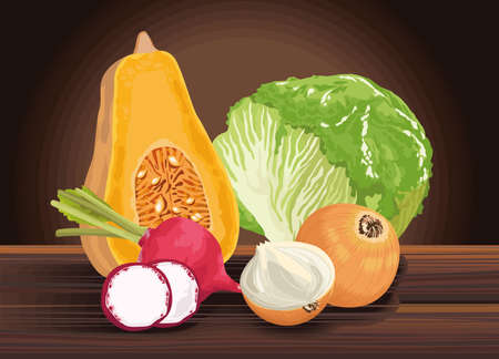 vegetables in table woodenのイラスト素材