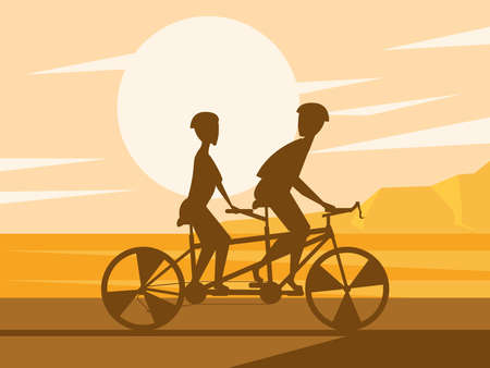 couple in tamden bicycle sunsetのイラスト素材