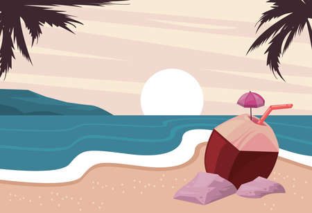 beach with coconut cocktailのイラスト素材