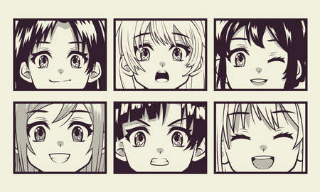 six girls anime facesのイラスト素材