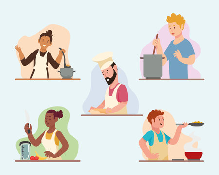 five persons cooking charactersのイラスト素材