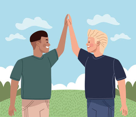 interracial friends in landscapeのイラスト素材