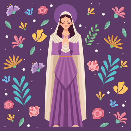 purple mary virgin and flowersのイラスト素材