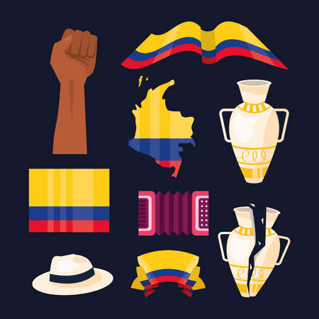 nine colombia independence iconsのイラスト素材