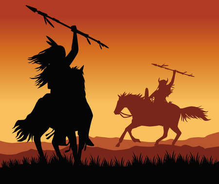 natives warriors in horses sunsetのイラスト素材