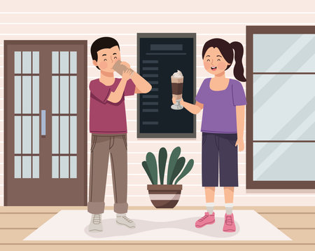 couple drinking coffee in restaurantのイラスト素材