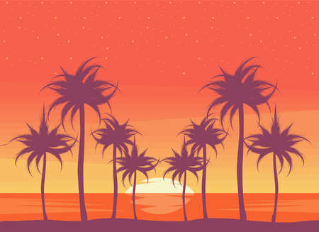 sunset landscape with palmsのイラスト素材