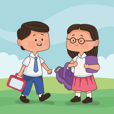 little students couple outdoorのイラスト素材