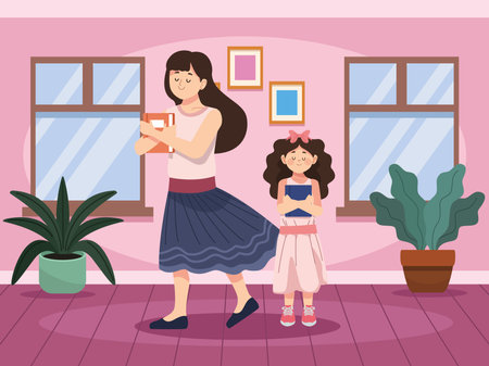 mom and girl with booksのイラスト素材