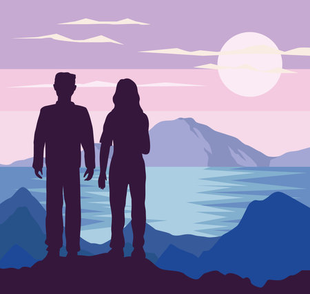 lovers silhouette walking in landscapeのイラスト素材