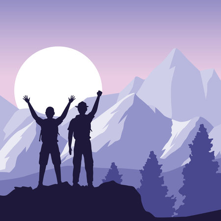 travelers silhouette in mountainsのイラスト素材