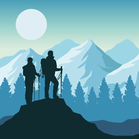 travelers silhouette in snowscapeのイラスト素材