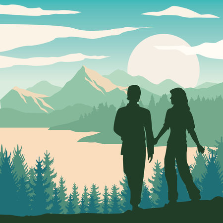 couple walking in green landscapeのイラスト素材