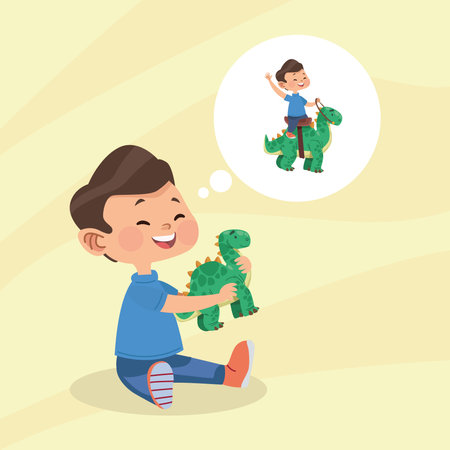 little boy playing with dinoのイラスト素材