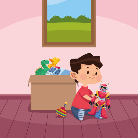 little boy playing with robotのイラスト素材