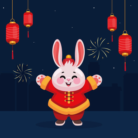 chinese rabbit with lampsのイラスト素材