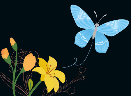 butterfly insect and flowersのイラスト素材