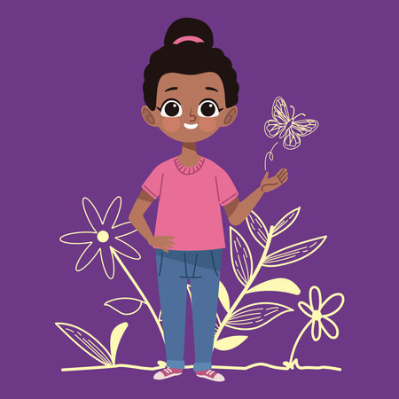 afro little girl in gardenのイラスト素材