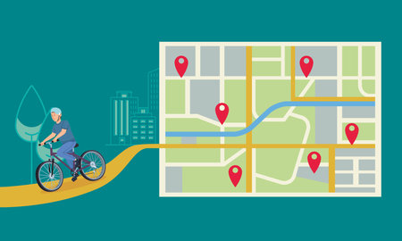 pins locations in map and cyclistのイラスト素材