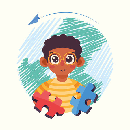 afro autist boy with puzzleのイラスト素材