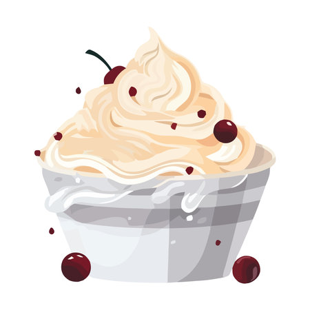 Sweet cupcake covered in whipped cream and fruitsのイラスト素材