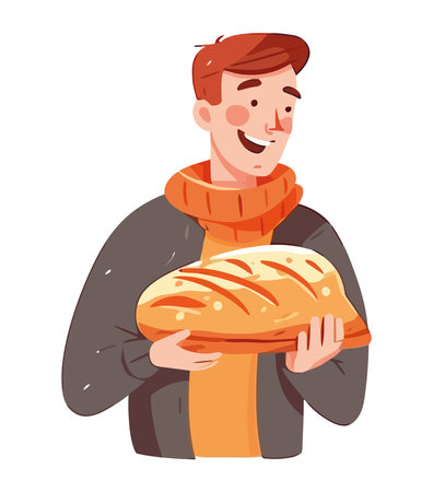 Smiling chef holding fresh baked baguetteのイラスト素材