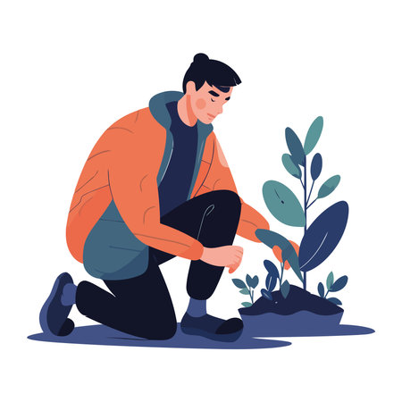man sitting under nature planting treeのイラスト素材