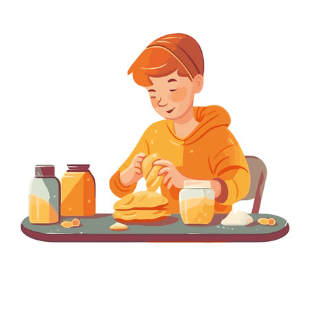 Smiling child eating breakfast sceneのイラスト素材