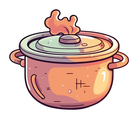 Burning cauldron boils gourmet soup on stoveのイラスト素材