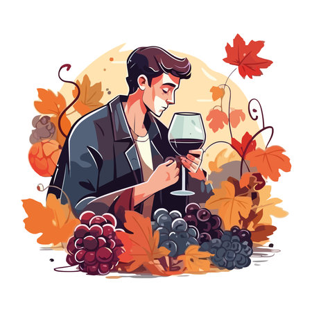 Autumn vineyard harvest, men holding wine glassesのイラスト素材