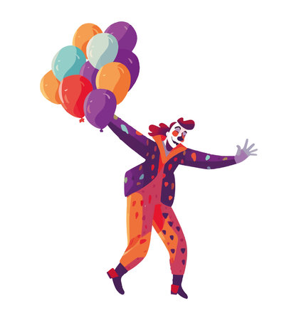 Smiling clown holding multi colored balloons in celebrationのイラスト素材