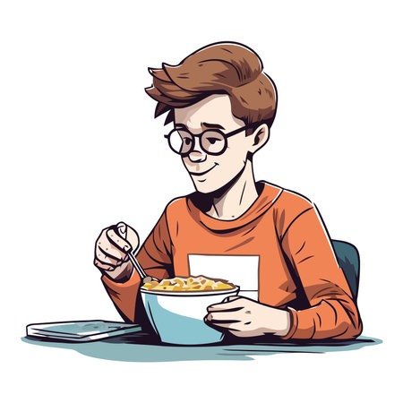 One person sitting at table eating lunchのイラスト素材