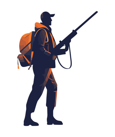 One person walking with rifle and backpackのイラスト素材