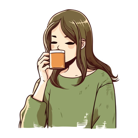 Young woman enjoying hot cappuccino in isolationのイラスト素材