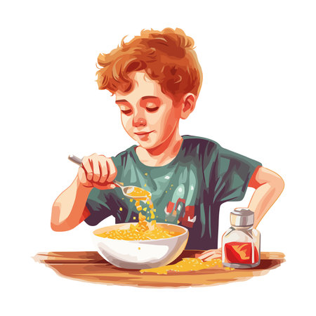 Cute boy cooking pasta, one happy mealのイラスト素材