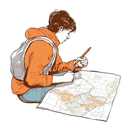One person pointing on map, planning adventureのイラスト素材