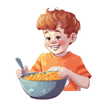 Smiling child eating pasta, bowl on tableのイラスト素材