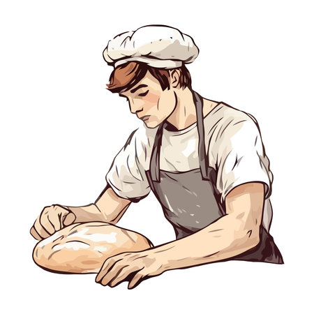 Baker holding bread, smiling in gourmet kitchenのイラスト素材