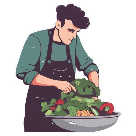 The chef, a man, is cutting fresh vegetablesのイラスト素材