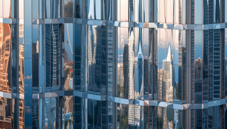 Modern skyscraper reflects futuristic city life in steel and glass generated by artificial intelligenceの素材