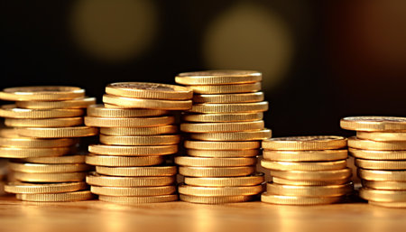 Stacks of gold and copper coins symbolize financial prosperity generated by artificial intelligenceの素材