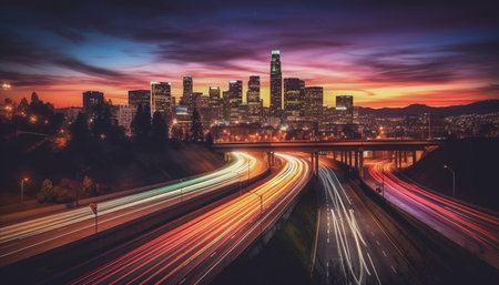 Vibrant city skyline illuminated by blurred car motion at dusk generated by artificial intelligenceの素材