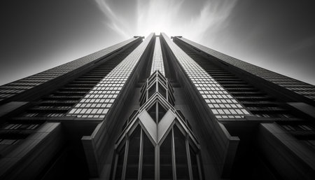 Modern skyscraper facade reflects city life in black and white generated by artificial intelligenceの素材